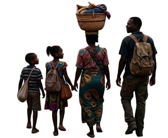 A family walking together — father, mother, and two children — carrying their belongings toward a safer future