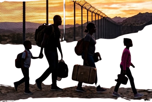 A family walking along a border fence at sunset, carrying their belongings