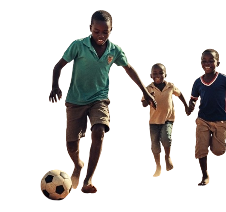 Three young boys playing soccer barefoot, dribbling a ball with joyful expressions on a clear background