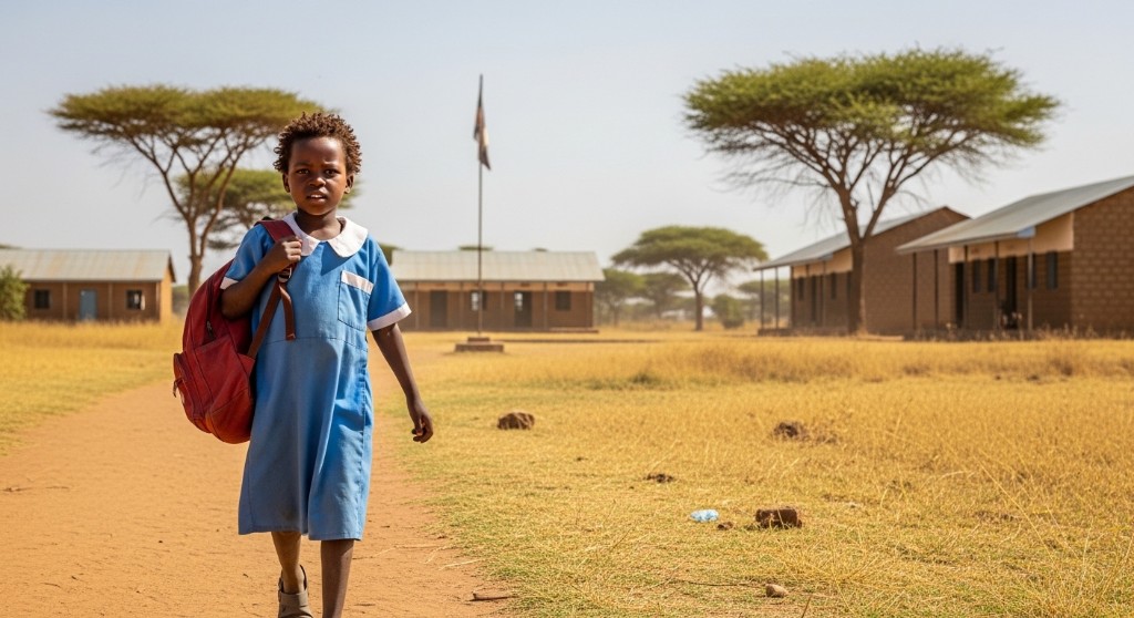 A girl in school uniform with a red backpack walking to school, supported by AHO